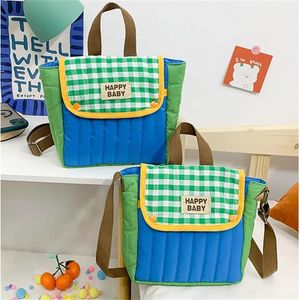 Children's Backpack Plaid Happy Day Letter Pattern Blue Green Patchwork Baby Single Shoulder Bags Korean Ins Kids Bag 22dj E3