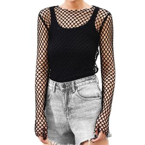 Kobiety Perspective Perspective Sheer Fishnet Tee Bodycon Bodycon Long Sleeve Tops Beach T Shirt Party Club 220714