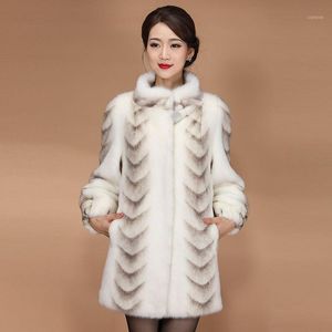 Mulheres femininas Faux Mulheres elegantes retalhos de retalhos de visita real Coats feminino colar de mandarim natural sobretudo senhoras de espessura