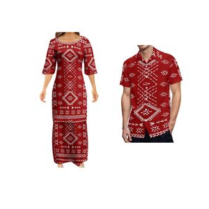 Samoan Puletasi Polynesian 문신 패턴 여성 드레스 레이디 디자인 드레스 어울리는 남자의 짧은팔 셔츠 부부 정장 220706