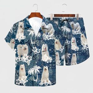 Herrspårsskjorta Summer Samoyed Hawaiian Set 3D Printed Hawaii Beach Shorts Män för kvinnor roliga hundkläder