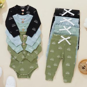 Clothing Sets Born Infant Baby Boys Girls Clothes Cotton Solid Knitted Ribbed Sun Print Long Sleeve Bodysuits Casual Pants Toddler OutfitsCl