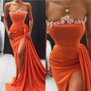 2022 Coral Sexy Mermaid Evening Dresses Ruffles Beaded Split Side High Sweep Train Prom Gowns Robe De Soiree Formal Party Dress BC12708