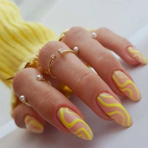 False Nails 24pcs Wave Design Almond Line Detachable Fake Nail Wavy Double Color With Wearable Full Cover Tips Prud22