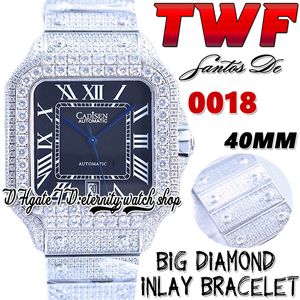 TWF TW0018 JAPAN MIYOTA AUTOMATISK MÄNS Titta 40mm Big Diamonds Bezel Black Dial Roman Markers Iced Out Diamond rostfritt armband Super Edition Eternity Watches