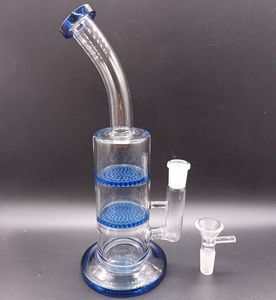 10 inch Blue Double Layer Honeycomb Filters Glass Water Bong Hookahs Delicate Smoking Pipes