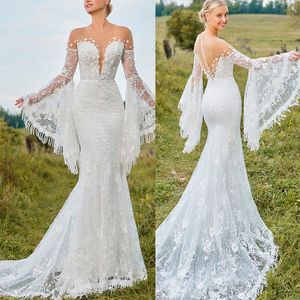 Sexy Mermaid Wedding Dresses Strapless Appliques Sequins Trumpet Long Sleeve Luxurious Lace Wedding Gown Sweep Train robe de mariée