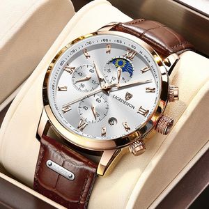 Armbandsur Lige Brown Leather Watch Men Top Business Sport Waterproof Chronograph Quartz Wrist Watches For