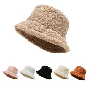 バケツの帽子女性ファジーシェーパの帽子冬の帽子の女の子の暖かいフェイクの毛皮の固体防風ビンテージの漁師の帽子の女性のドロップシッピングG220418