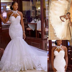 Luxury Mermaid Lace Applique Wedding Dress 2022 Sexy Halter Sleeveless Bridal Gowns Plus Size robe de mariee