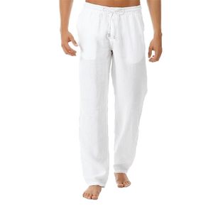 Toppkvalitet Mens Summer Casual Pants Natural Cotton Linen Byxor Vit LINEN ELASTIS