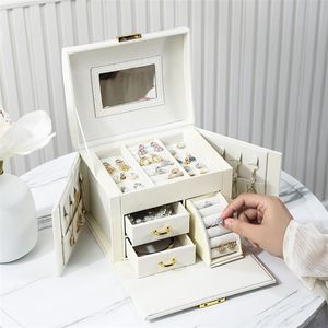 Large Jewelry Box Organizer PU Leather Drawer Jewellery Boxes Velvet Earring Ring Necklace Storage Case Casket 220617