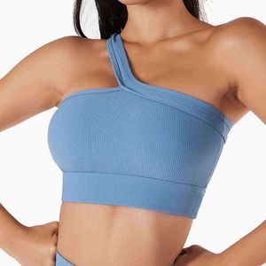 HAMYNANA Sexy Halter Sports Bra One Shoulder Sport Bras For Women Ribbed Yoga Padded Top Gym Workout Wireless Fitness Tank Tops T220725