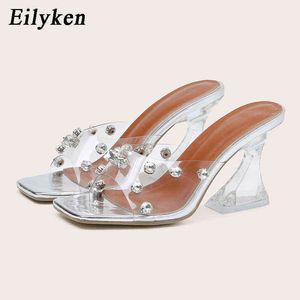 Eilyken new Fashion Crystal Crystal Design Pvc Transparent Mules Slippers Женщины летняя квадрат с открытыми пальцами на пятки.