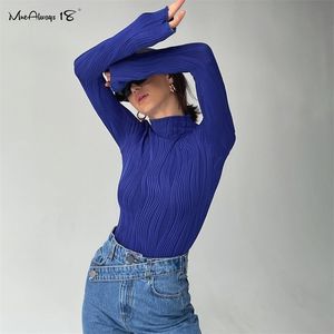 Mnealways18 Folds Chic Jersey T-Shirt Blue Turtleneck Tops Winter Inside Casual Bodycon Tee Female Long Sleeve Streetwear 220328
