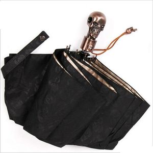 Creative Devil Skull Handle Umbrella Fully-automaticlly Male 3 Folding UV Sun Rain Male Windproof Umbrellas Rain Gear T200117