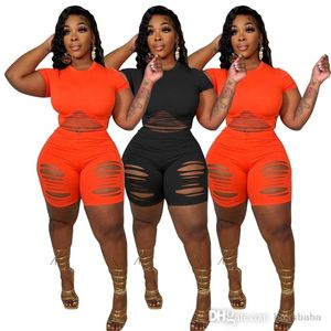 Womens Tracksuits Solid Color Hole Sexy Two Pieces Outfits Summer Shorts Set Fashion Desinger Clothes