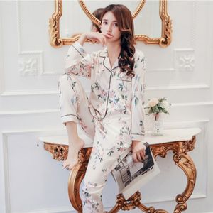 Womens Pajamas Satin Silk Button Trughs Pajamas Lingerie Pijama Bathrobe Suit Outwear for Women Drop 201113