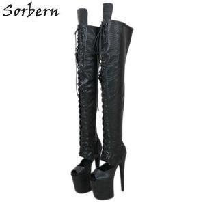 Sorbern Oberschenkelhohe Damenstiefel mit offener Spitze, 20 cm, hoher Absatz, Plateau-Absätze, Pole Dance, individuelle Farben, Schnürung, Oberschenkelhohe Damenstiefel