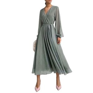 Tangada French Style Women Green Dots Print Shirt Dress with Slash Vintage Long Sleeve Office Ladies Maxi Dress 5X62 220317