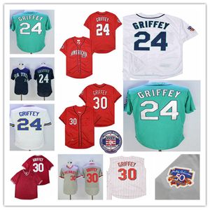 1997 Seattle Vintage Baseball Hall of Fame 24 Ken Jr Jersey Ed Navy Grau Blau Grün Pullover Button Cincinnati 30 Griffey Rot Weiß Uniformen Mann