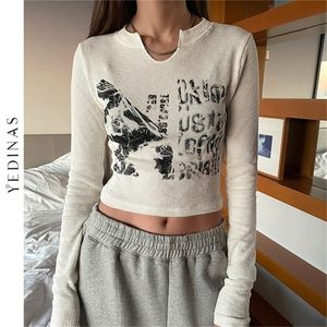 Yedinas Vintage Letter Print Leng Sleeve Crop Top Women Sexy Slim autunt T Shirt Korean Style Chic Grunge Aesthetic Streetwear 220510