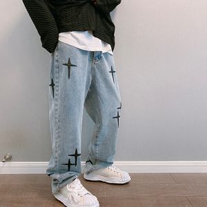 Leather Embroidered Cross Vintage Blue Jeans Mens High Street Loose Straight Wide Leg Pants Hip Hop Streetwear Male Baggy Denim 220713