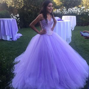 Wholesale fluffy ball gowns resale online - Sparkly Lavender Tulle Ball Gown Quinceanera Dresses Sweetheart Sequined Party Quinceanera Gowns Customizable Fluffy Floor Length b