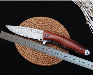 1PCS Damascuss Flipper Folding Knife VG10 Damascus Steel Drop Point Blade RosewoodハンドルボールベアリングEDCナイフ付きレザーシース