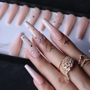 Long Coffin Artificial Fake Nails Baby Boomber ombre Nude Press On Nails Holo False Nails Gel Gel brilhante