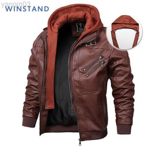 Winstand Mens Motor Kapüşonlu PU Deri Ceketler Erkekler Sonbahar Kıyafet Ceketleri Moda Punk Tarzı Şapka Deri Ceket Ceket Kış Kırıştı L220801