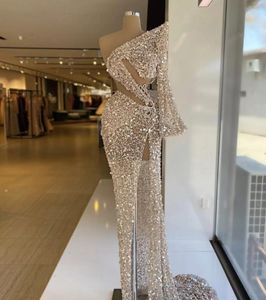 더운! Sparkly Sequined Mermaid Evening Dresses One Shoulder Long Sleeve Side Split Beaded Formal Prom Gowns Custom Made Plus Size Pageant Wear Party Dress