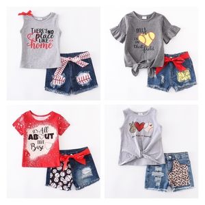 Girlymax Summer Baby Girls Boutique Kids Clothball Baseball Top Jeans Shorts Set Outfit Match Accessories 220509