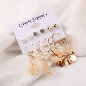 Hoop & Huggie Fashion Temperament Metal Geometric Circle Patch Earring Combo For Women Creative Simple 6 Piece Set Tassel Pearl JewelryHoop