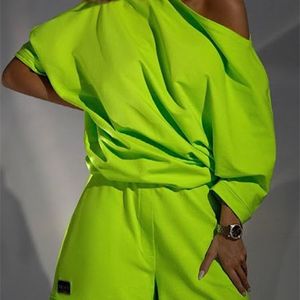 Fashion Sportswear Two Piece Suit Sexy Off Shoulder Pullover Top and Shorts Pant Set Women Casual Long Sleeve Solid Loose Outfit 220526