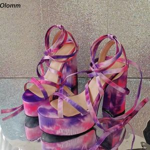 Olomm Ny ankomst Kvinnor Gladiator Sandaler snör upp Chunky Heel Round Toe Gorgeous Multi Color Night Club Shoes Women US Storlek 5-15