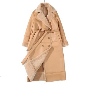 Winter Women Sheepskin Fur Coat Shearing Belt jacket Brown Genuine Leather Jacket Plus Size Winter Coat Women Fashion Wear 201214
