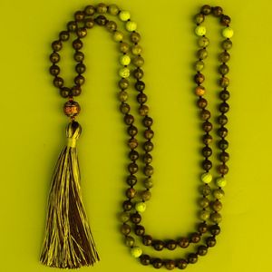 Pendanthalsband 108 pärlor mala halsband kvinnor 8mm blomma onyx labradorite naturlig sten knutna långa tofsar nepal juvelrypendant