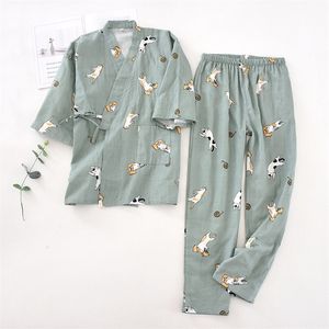 7スリーブの日本風の着物パジャマは、女性の春と秋の100％コットンガーゼの家服をセット