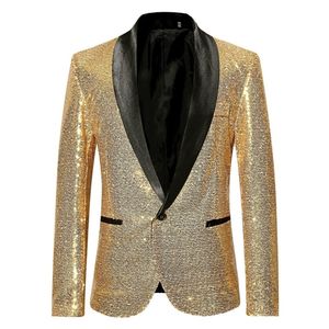 メンズ光沢のあるゴールドスパンコールグリッターブレザージャケットファッションショールカラー1ボタンスーツブレザーメンステージシンガーコスチュームhomme 220527