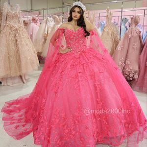 Hot Pink 3D Flower Quinceanera Dresses With Wrap Lace-up Back Sweet 16 Dress Off The Shoulder Beaded Ball Gown Party Gowns