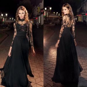 Sexy buttons see through back lace long sleeves prom dresses 2023 high collar floor length chiffon formal evening gowns