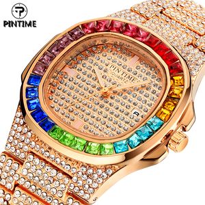 PINTIME Quartz Watch Men Luxury Full Diamond Hip Hop Rose Gold Rhinestone Watches Wristwatch Male Iced Out Golden Dial Clock