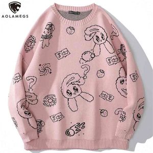 Aolamegs Men Sweater Cartoon Cute Rabbit Strawberry Strawberry Swittes Pullover Contents زوجان Oneck Casual Soft College Streetwear 210804