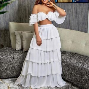 Work Dresses WUHE Cascading Ruffles Cape Type Maxi Long Skirt And Crop Top Matching Set Women Elegant Chic Two Piece Outfits