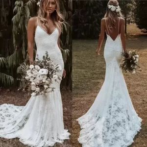 2022 Full Lace Mermaid Wedding Dresses Bridal Gown Spaghetti Straps Sexy Bakess Sweep Train Satin Custom Made Plus Size Beach Boho 403 403
