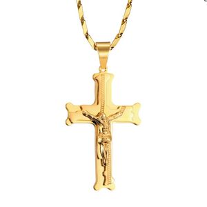 Hänge halsband religiösa stora Jesus korsar män guld färg rostfritt stål Kristus Crucifix manliga kristna smycken droppendant