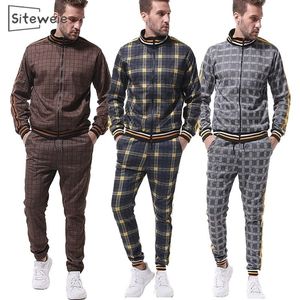 SiteWeie 2 Piece Set Fashion Men Clothes Casual Sportswear Mens Set Sweatsuit Man Plaid Print dragkedja Tracksuit Outfit L441 201109