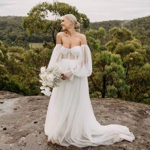 2022 Mode weiße Brautkleider aus der Schulter bodenlangen Puffärmel Brautkleider Hochzeit Party Kleid Roben