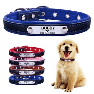 AiruiDog Leather Personalised Dog Collar and Tie Pet Cat Custom Engraved Name ID Tag Puppy Soft L 220610